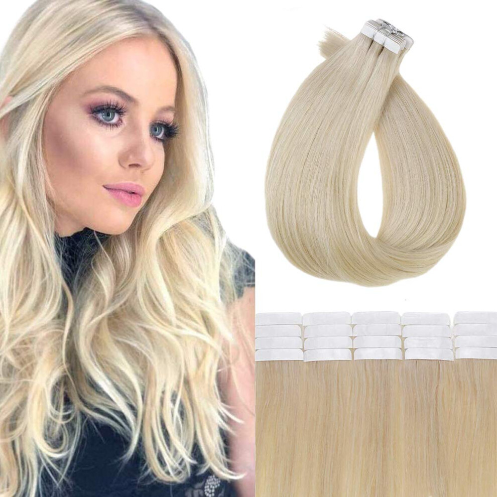 Unisex Silver 14 Inch Platinum Blonde Tape In Remy Human Hair Extensions 20Pcs 50G Invisible And Reusable