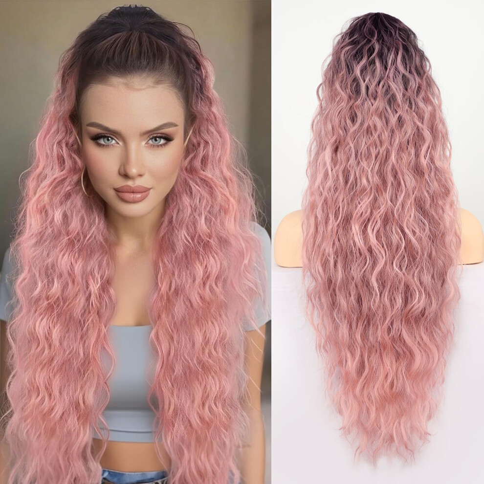 30 Inch Ombre Black to Pink Ponytail Extension with Secure Claw Clip, Long Wavy Layered Hairpiece