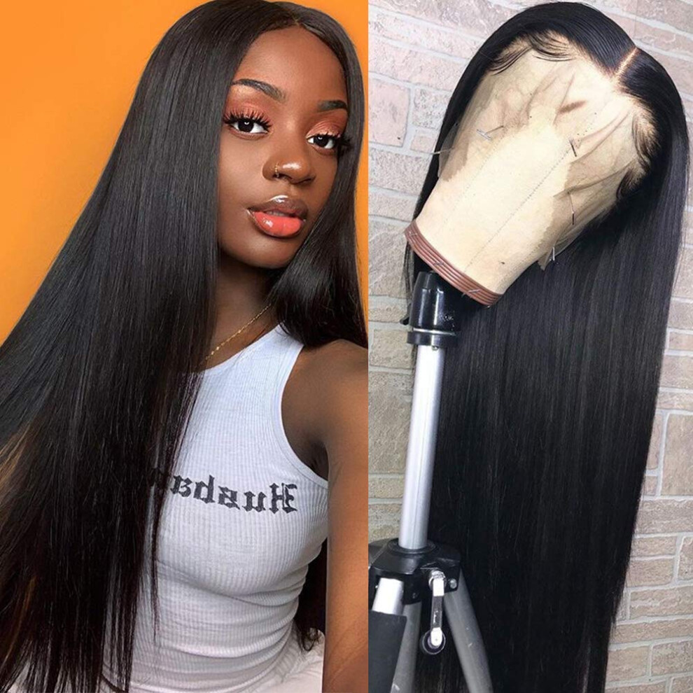 Unisex 18 Inch Human Hair Lace Front Wig Brazilian Straight, 4X4 Pre Plucked Glueless Natural Hairline