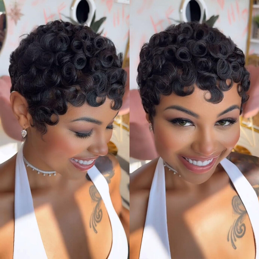 Unisex Black Short Pixie Cut Wig Glueless Virgin Human Hair Natural Curly For Women Daily Wear