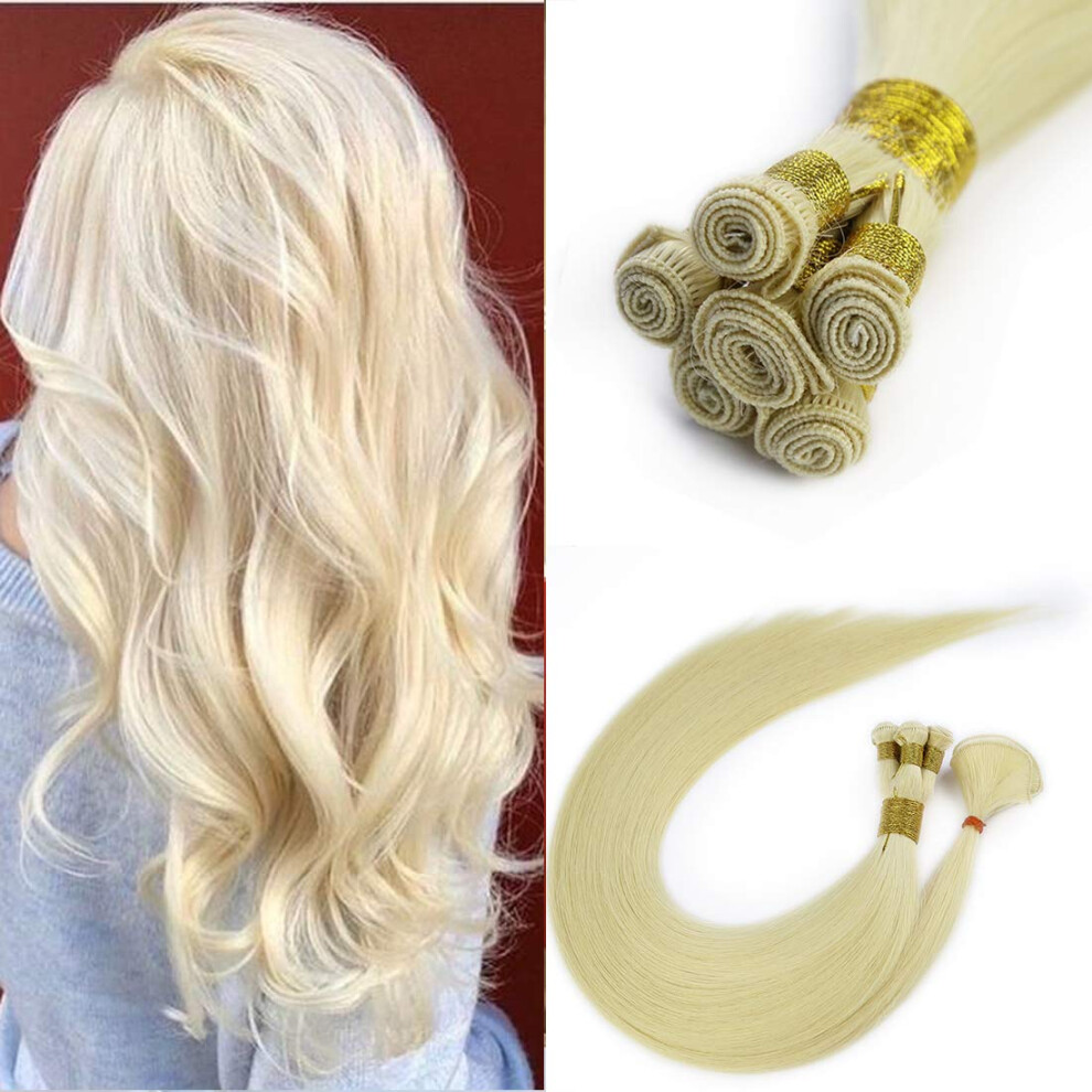 Unisex 22 Inch #613 Bleach Blonde Hand Tied Weft Hair Extensions Virgin Human Hair Silky Straight 100G