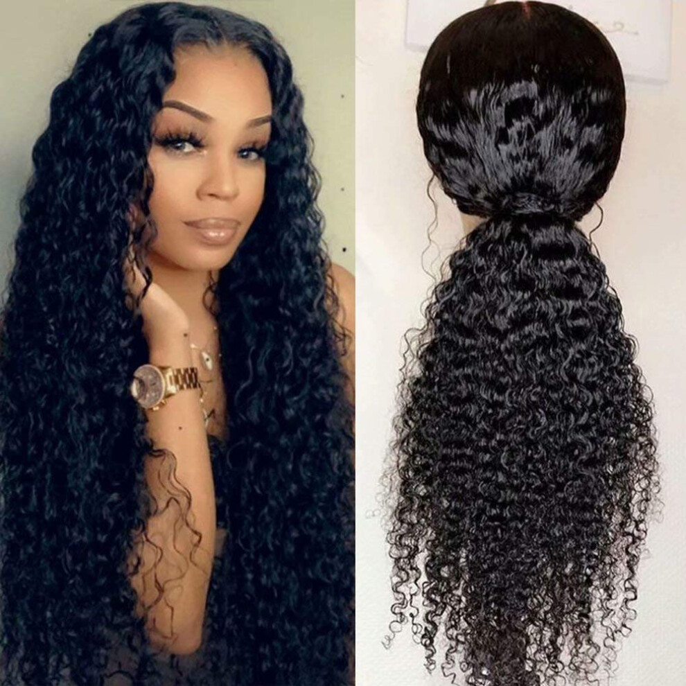 Unisex 22 Inch Brazilian Deep Curly Human Hair Lace Closure Wig 4X4 Glueless Pre Plucked With Baby Hair