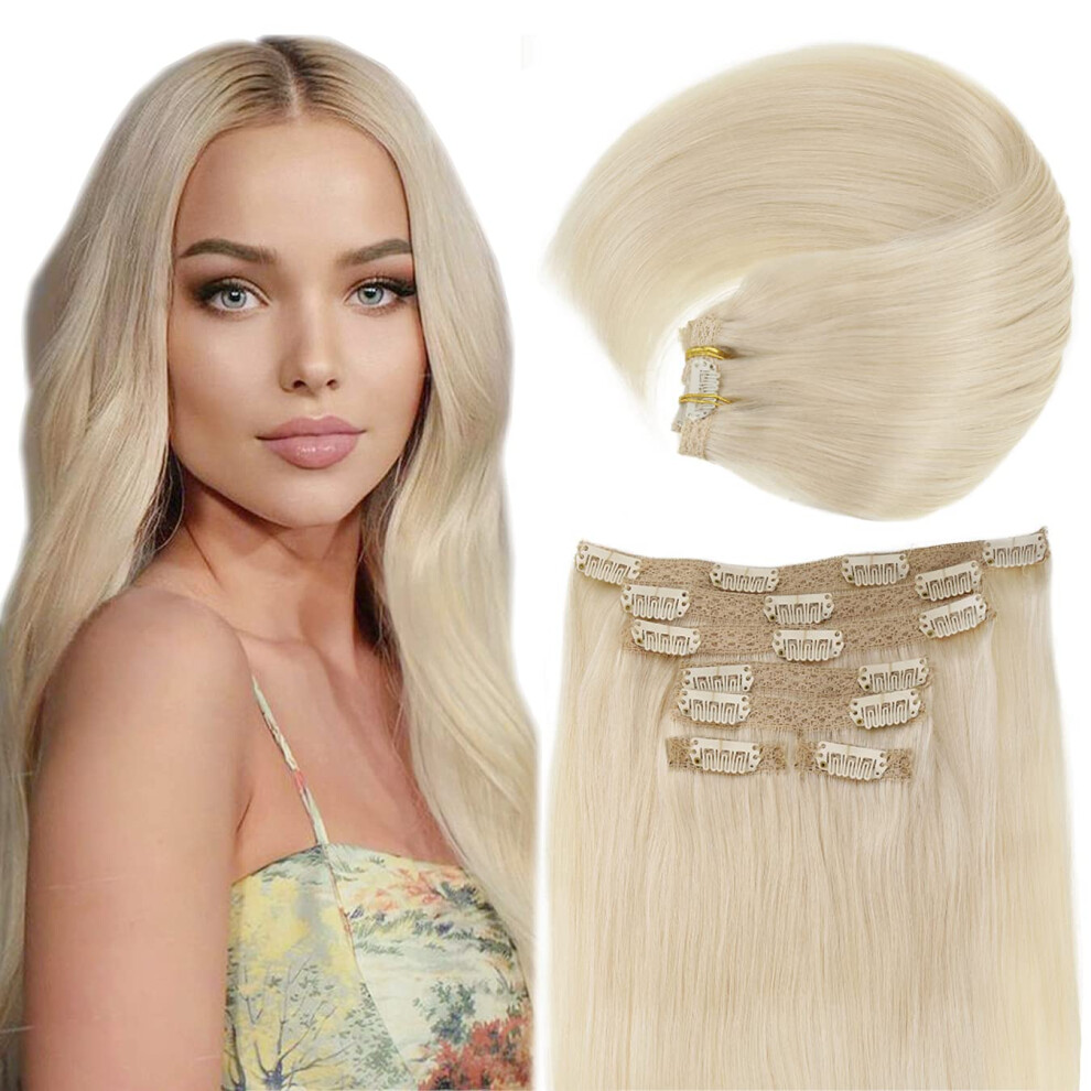 Unisex Silver Platinum Blonde Clip In Human Hair Extensions 16 Inch Double Weft Full Head Remy 7Pcs