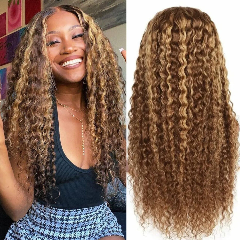 Unisex 28 Inch Honey Blonde Highlight Ombre Human Hair Lace Front Wig 13X6 Jerry Curly 180 Density