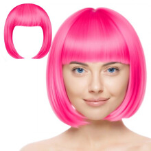 Red Bob Wig Short with Bangs Neon Synthetic Hair for Women Halloween Cosplay with 2 Hairnets