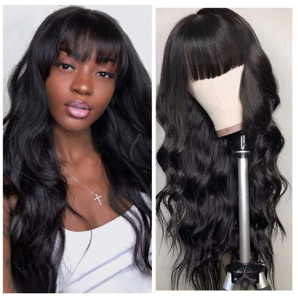 Unisex Black Brazilian Body Wave Human Hair Wig With Bangs 150 Density Glueless Natural Hairline For Women