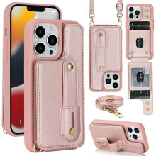 QD – Kompatybilny z Apple15 14 13 12 iPhone11 Pro, Samsung S23U, Wielofunkcyjny portfel na telefon z smyczą, różowy