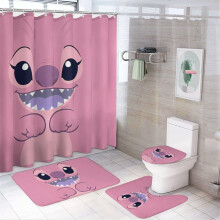Stitch4Pcs Family duschdraperiset med halkfria mattor, toalettöverdrag och badrumsmatta, svart vattentät 72x72 tum, inkluderar 12 krokar