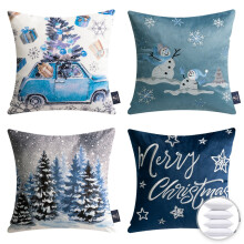 Christmas Tree and Snowman Printed Decorative Holiday Series Throw Pillow with inserts, Blue, 18" x 18", Set of 4