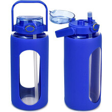 Glazen waterfles van 1,9 liter met rietje en handvat, compatibel met tijdmarkering, siliconen hoes, grote herbruikbare kan voor de sportschool en