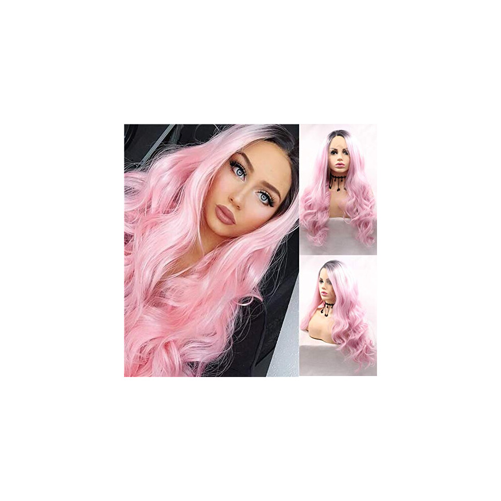 Unisex Pink Ombre Lace Front Wig 24 Inch Wavy Synthetic Heat Resistant Fiber With Natural Hairline