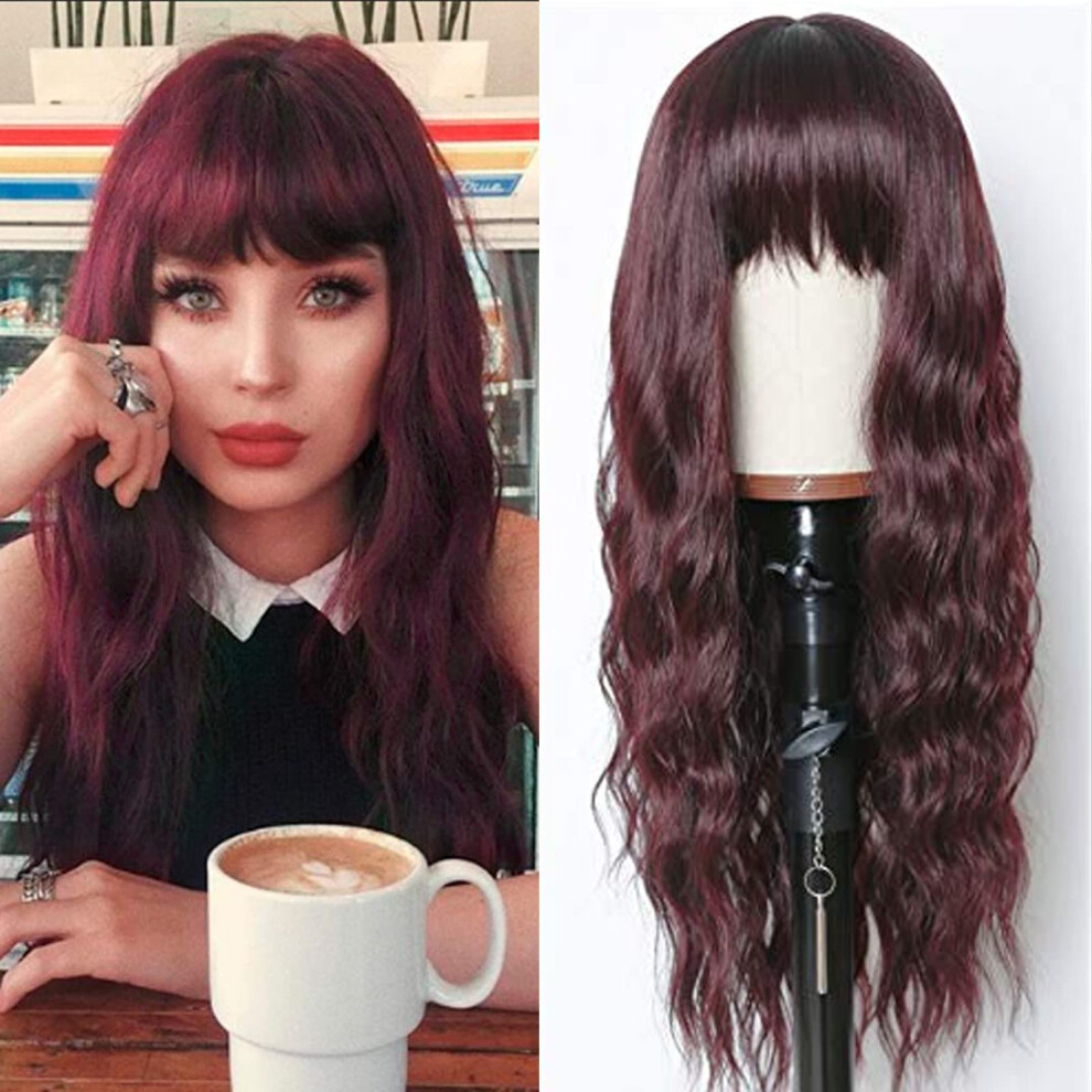 99J Burgundy Long Curly Synthetic Wig with Bangs Heat Resistant Fiber Glueless for Women
