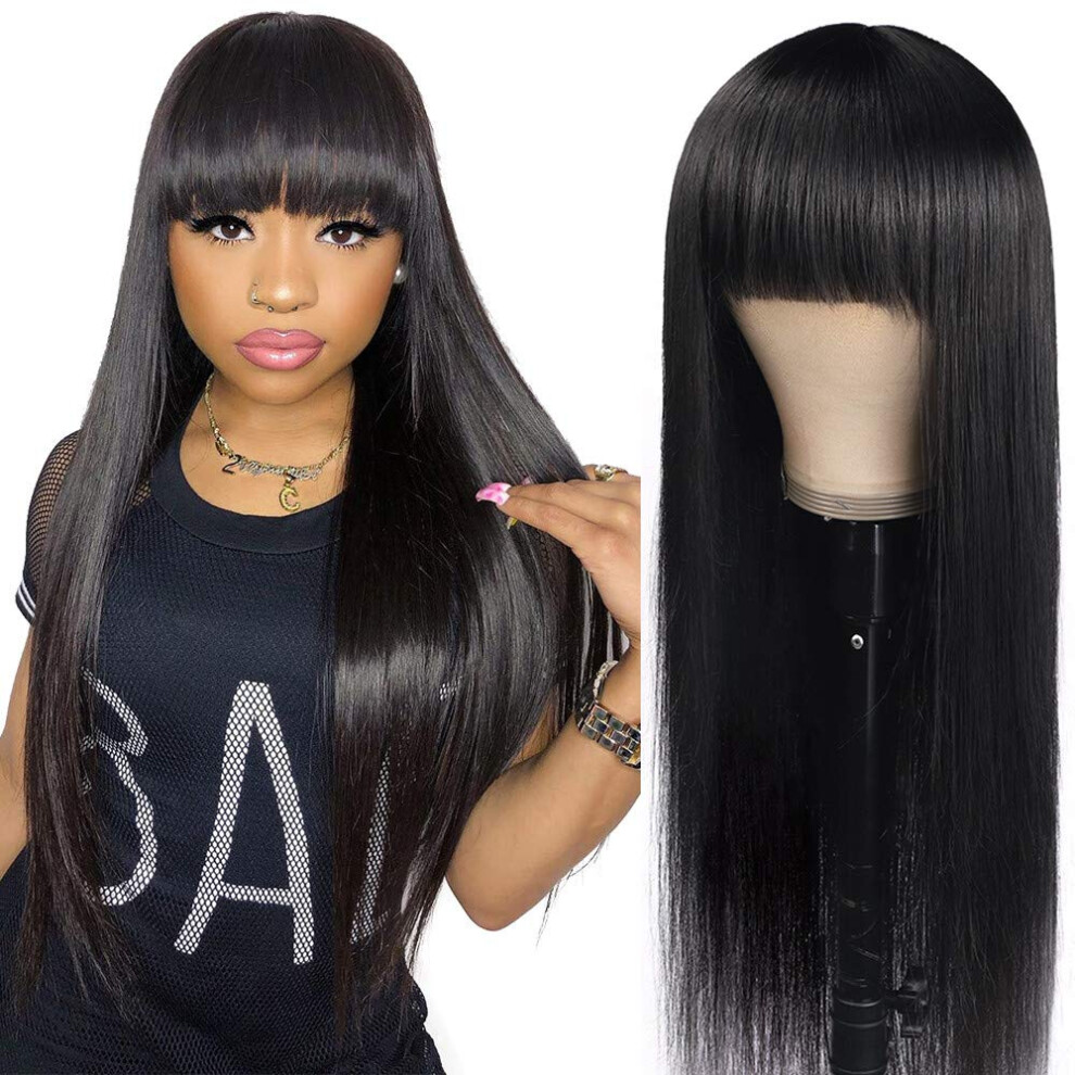 Straight 24 Inch Human Hair Wig with Bangs, 150 Density Glueless Brazilian Virgin Hair for Women