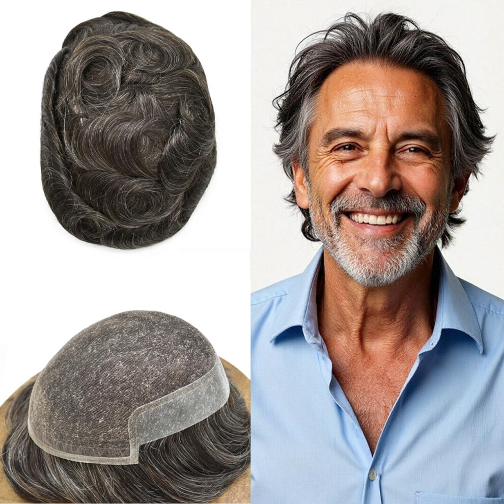 Unisex Brown,Grey Mens Toupee Human Hairpiece French Lace 6X9 Darkest Brown 30% Grey Bleached Knots Natural Hairline