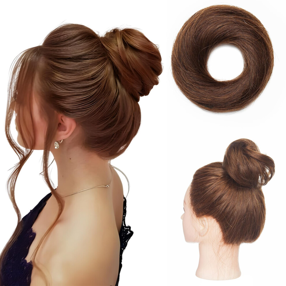 Medium Brown Human Hair Bun Extension  100% Real Hair Messy Chignon for Quick Natural Updo Styling