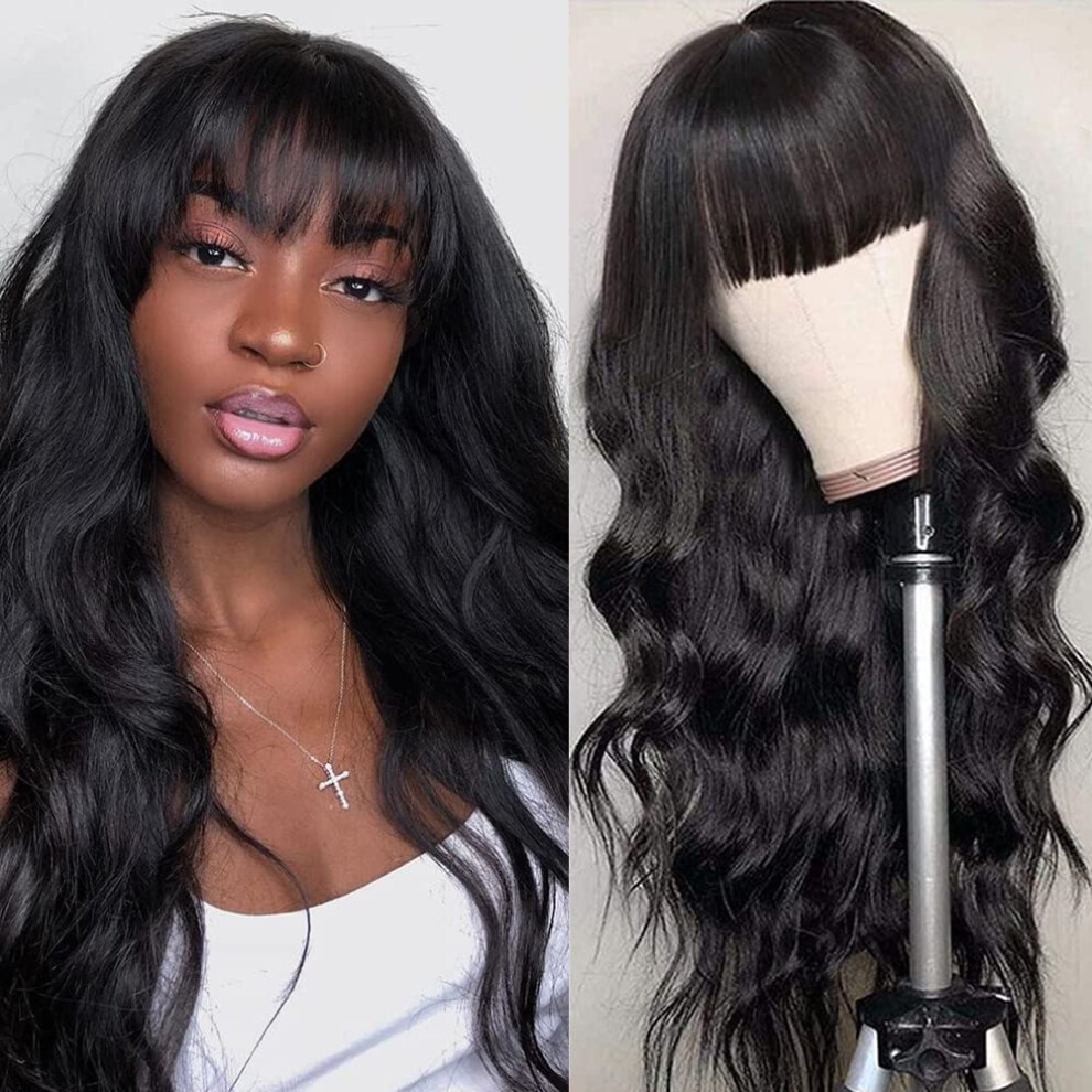 Unisex Black Body Wave Human Hair Wig With Bangs Glueless Brazilian Virgin Wig For Women