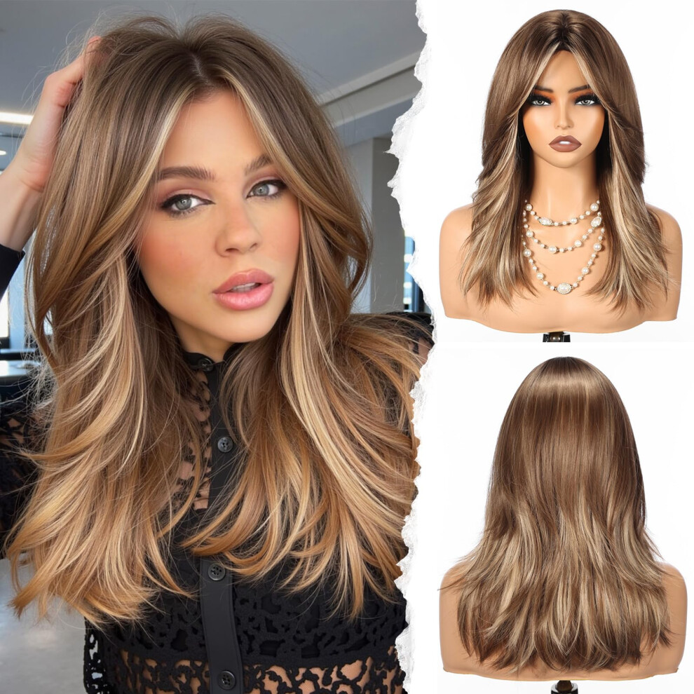 Unisex Brown Long Synthetic Wig With Bangs Heat Resistant With Highlights Natural Looking For Women