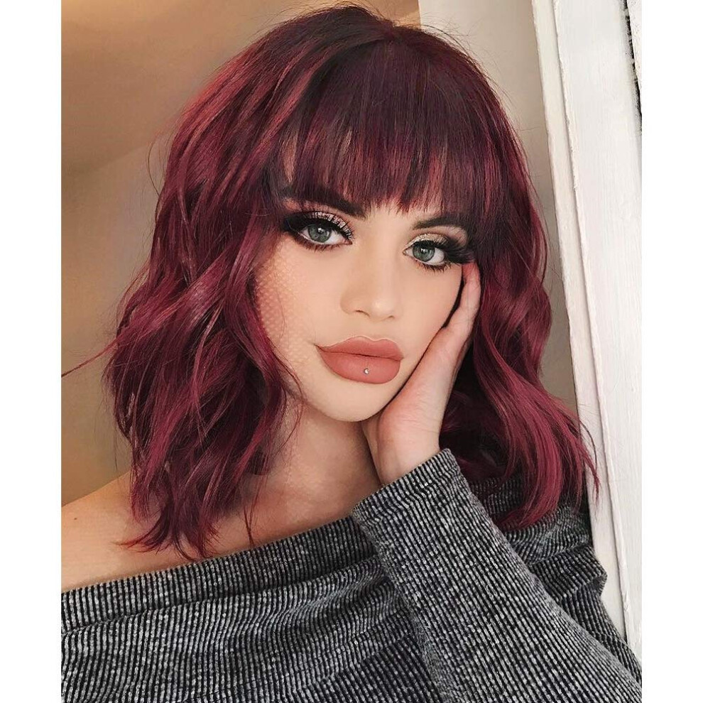 Unisex Red Wine Bob Wig With Bangs For Women Synthetic Heat Resistant Fiber Curly Wavy Hair
