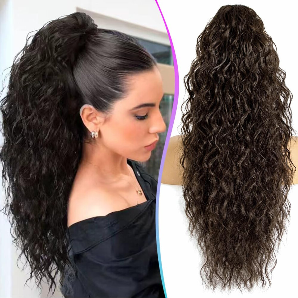 26 Inch Long Curly Ponytail Hair Extension with Secure Clip In Hold, Black Brown Synthetic Hairpiece