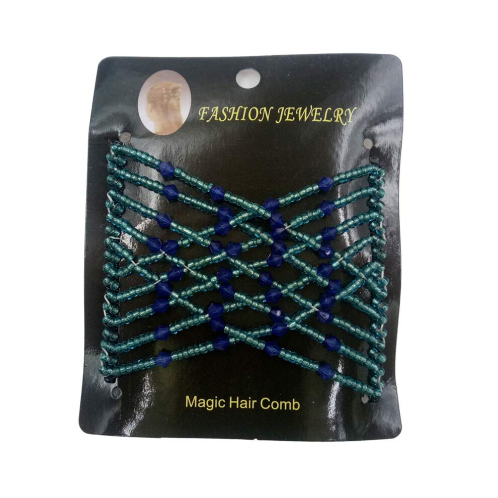 Blue Beaded Hair Comb for Women with Secure Double Slide Clip and Adjustable Stretchy Fit
