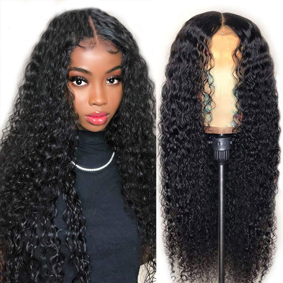 28 Inch Deep Curly Lace Front Human Hair Wig Pre Plucked Hairline with Natural Middle Part