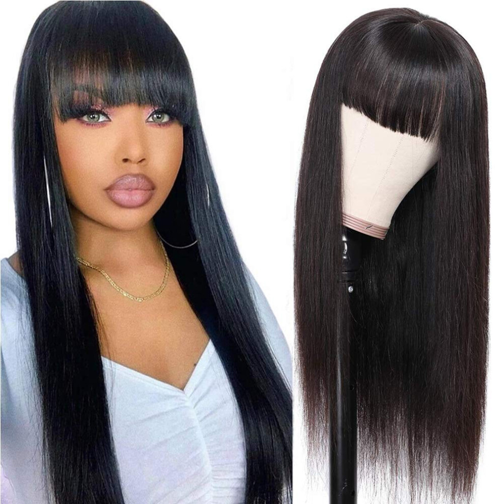 18 Inch Brazilian Straight Human Hair Wig with Full Bangs for Black Women,  Density