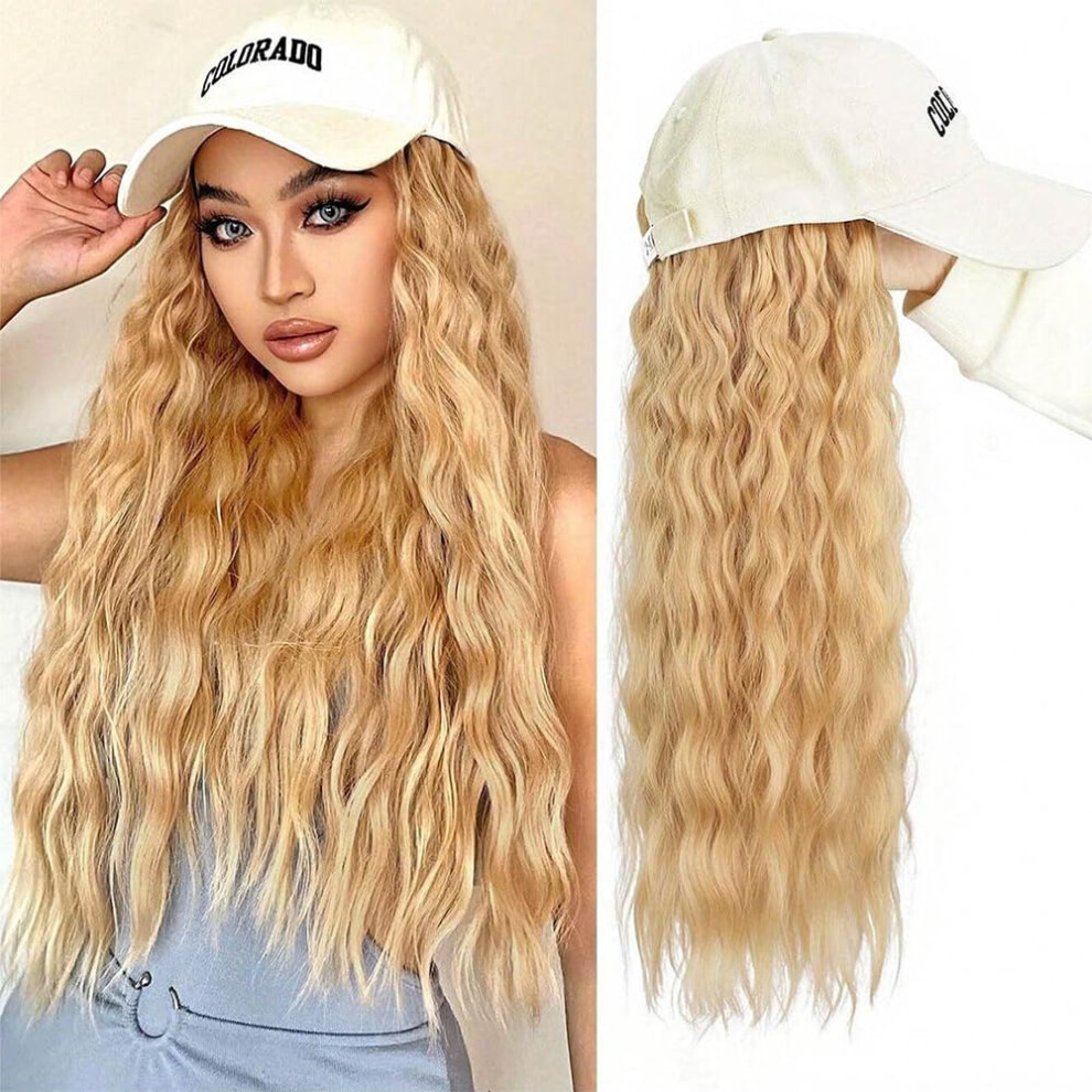 Women's Baseball Cap Wig with 24 Inch Long Wavy Synthetic Hair Extensions Adjustable Fit