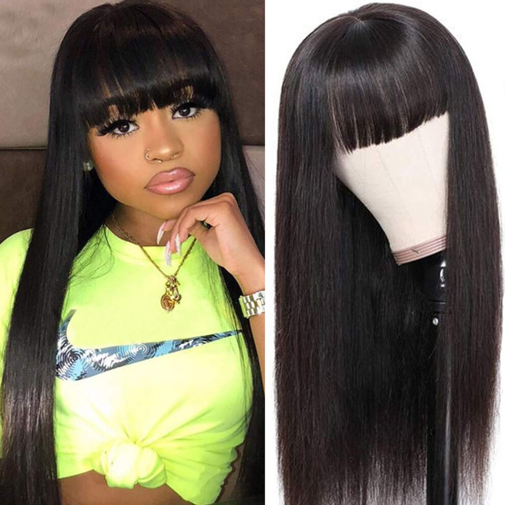Unisex Black Human Hair Wigs With Bangs For Women, Glueless Straight Brazilian Virgin Hair Wig 16 Inch