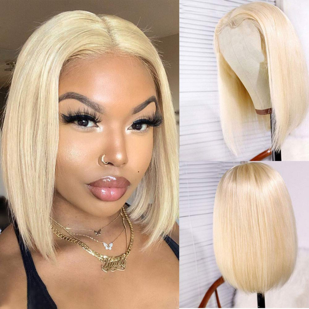 Unisex 14 Inch 613 Blonde Bob Wig Human Hair Lace Front Pre Plucked Bleached Knots 180% Density