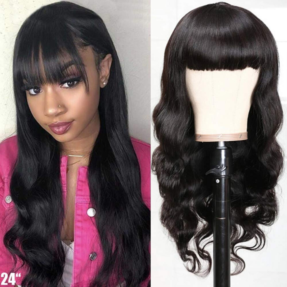 24 Inch Virgin Brazilian Body Wave Human Hair Wig with Bangs Glueless 150% Density for Women