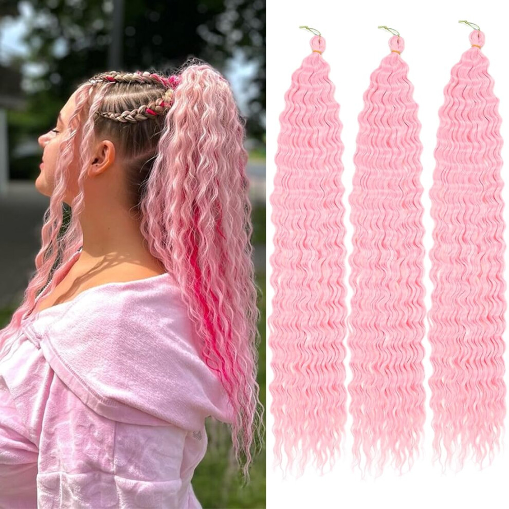 Unisex Pink Crochet Braiding Hair Ocean Wave 24 Inch Goddess Boho Braids HeatâResistant Synthetic Extensions