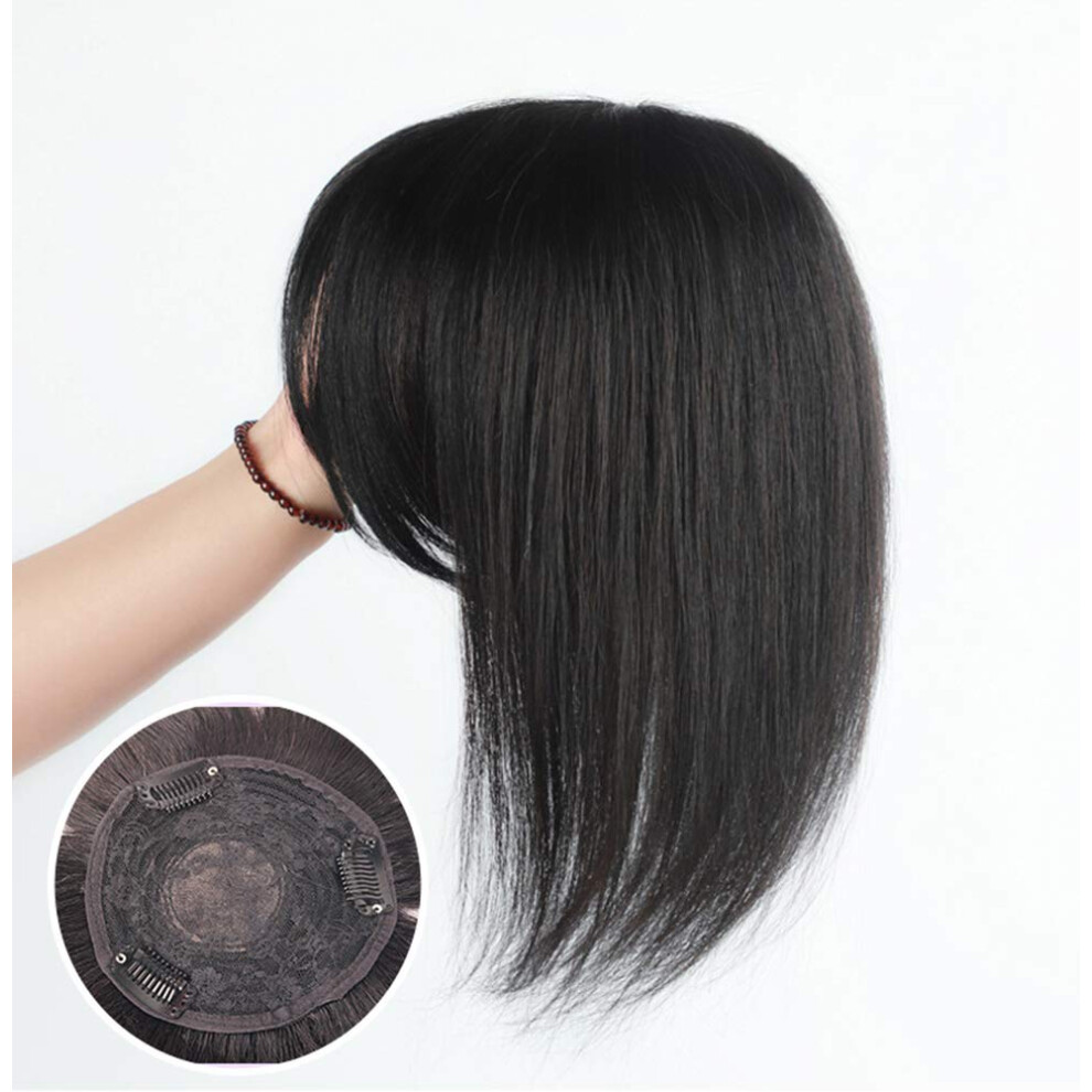 Unisex Black Human Hair Topper With Bangs For Thin Hair, Clip In Crown Hairpiece, 30Cm Natural