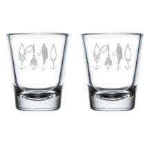 Conjunto de 2 copos de dose de 50ml (1,75oz) com estampa de isca de pesca.