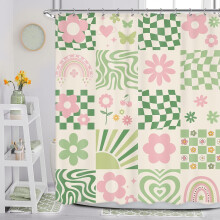 Retro söpö vihreä pinkki kukkainen suihkuverho 60x72 tuumaa, abstrakti 70-luvun tanskalainen pastelliruudullinen esteettinen, vedenpitävä
