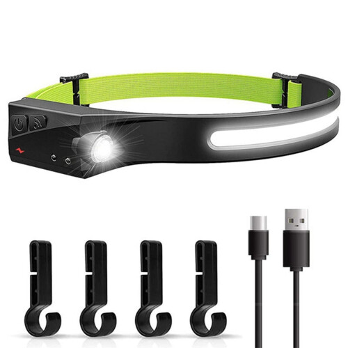 Farol de LED COB com sensor de indução para uso externo, com carregamento USB e luz de circulação noturna.