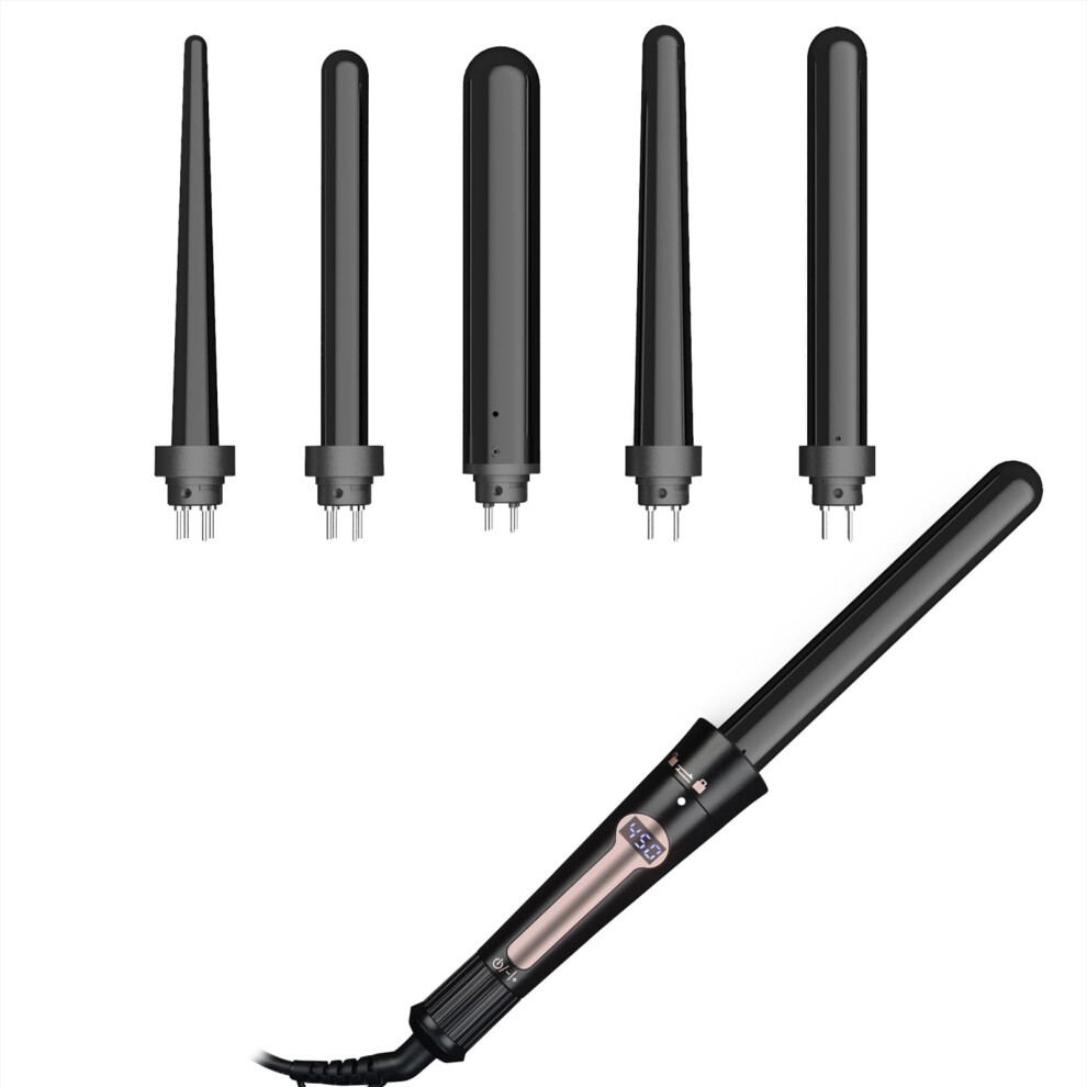 Curling Wand Set with 5 Interchangeable Tourmaline Ceramic Barrels, LCD Temp Control, Fast Heat Up