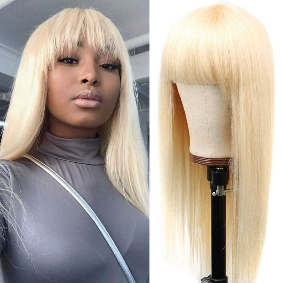 Unisex Black 613 Blonde Human Hair Wig With Bangs, Straight Brazilian Virgin, 150 Density For Women