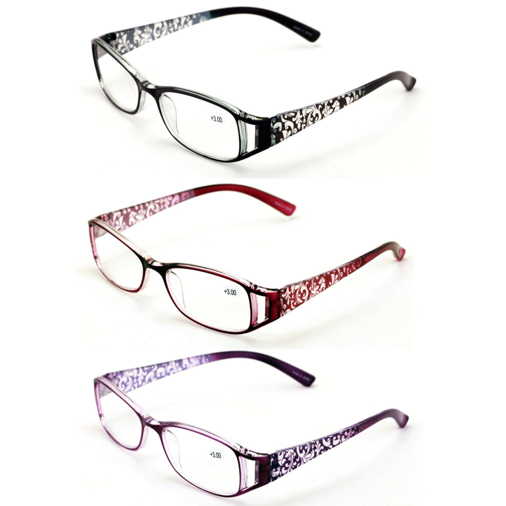 V.W.E. Womens Rectangular Reading Glasses, Black/Maroon/Purple, 3 Pair