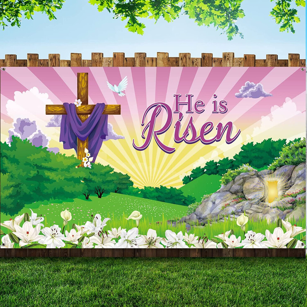 Happy Easter Day Decorations He Is Risen Backdrop, 72.8X43.3" Fabric Cross Religious Background For Jesus Easter Party, Compatible With Spring 9322103740005