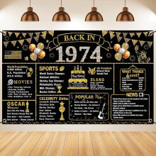 VERAT 50th Birthday Decorations for Men Women, Back in 1974 Banner, Black Gold 50 Year Old Party Poster, Photography Background
