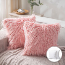 Luxury Mongolian Fluffy Faux Fur Series Square Decorative Throw Pillow Cusion for Couch, 22" x 22", Pink, 2 Pack