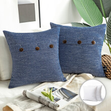 Phantoscope Triple Buttons Cotton Blend Series Farmhouse Square Decorative Throw Pillow Cusion for Couch, 18" x 18", Navy Blue, 2 Pack