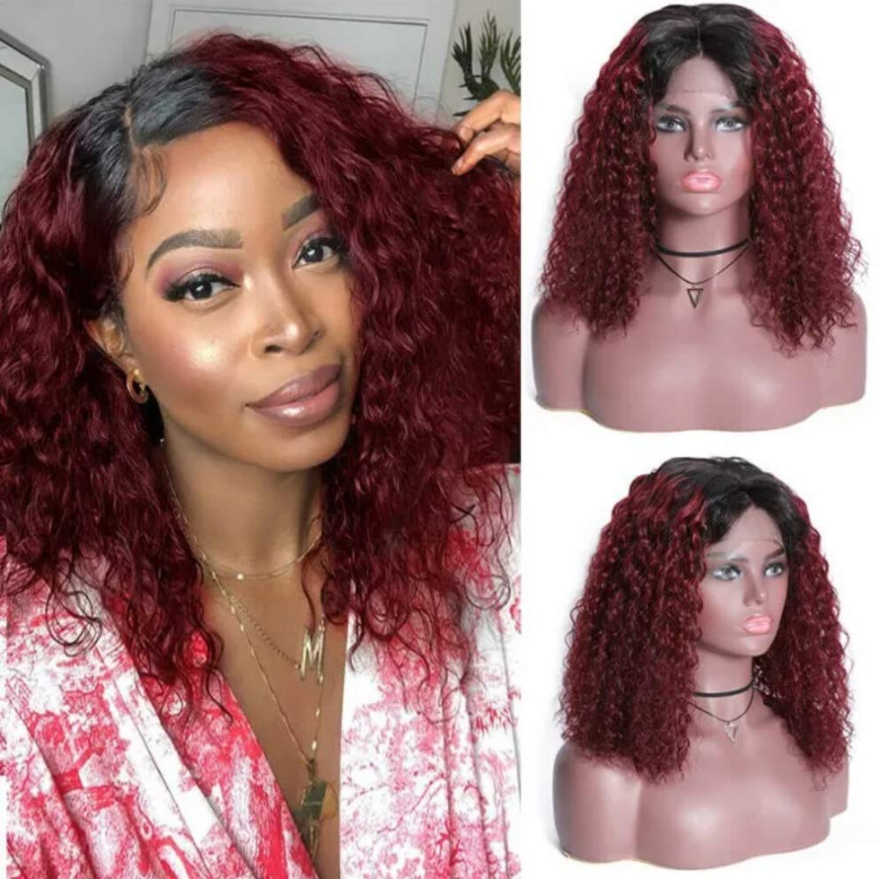 Unisex Red Human Hair Bob Wig Ombre Burgundy Curly Lace Front 1B/99J 10 Inch 200 Density Natural Hairline