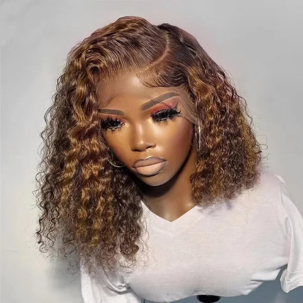 Unisex Black 14 Inch Ombre Highlight Brazilian Curly Human Hair Lace Front Wig Hd Transparent Glueless 150% Density For Women