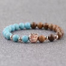 RSAMD8mm Pierre Naturelle Or Argent Hibou Breloque Perle Bracelet en Bois Homme Femme Cadeau-5#