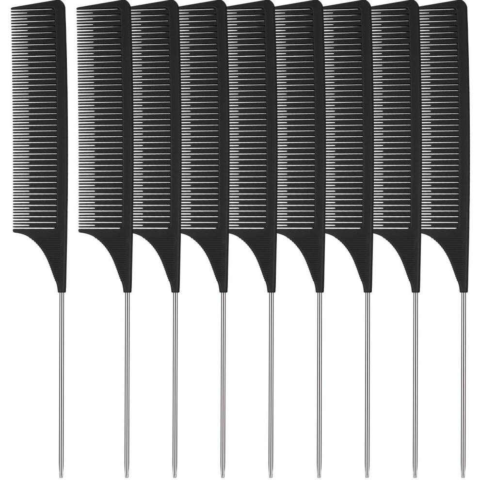 Unisex 9Pcs Heat Resistant Rat Tail Comb Set With Stainless Steel Pintail For Precise Hair Sectioning
