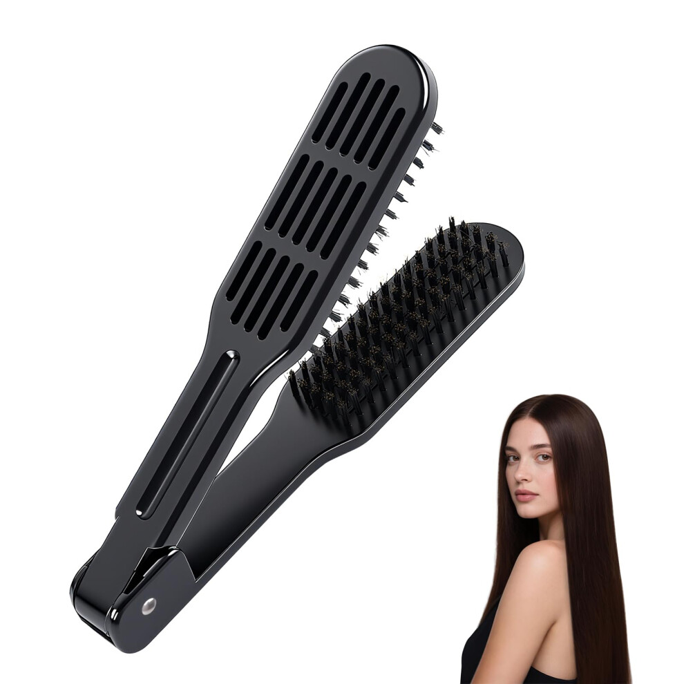 Hair Straightening Brush with Boar Bristles, DualSided Clamp Design, AntiScald Vented Comb for Smooth BlowDry Styling