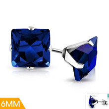 Stud Earrings in Surgical Steel 316L in Silver Color with Square Blue Cubic Zircon Crystal - 6 mm Silver