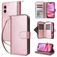 Capa compatível com iPhone 16, carteira com 9 compartimentos para cartões, bolso com zíper, aba com alça de mão e porta-cartões.