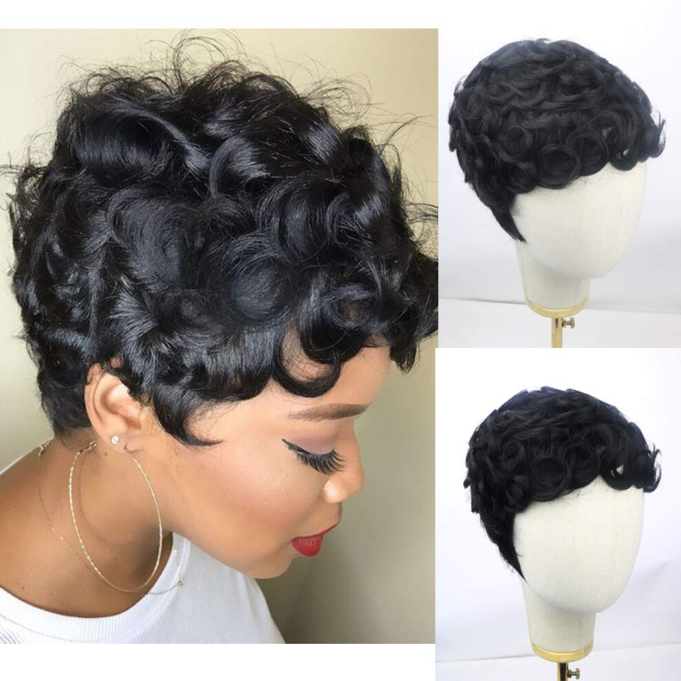 Unisex Black Pixie Cut Wig Curly Virgin Human Hair Short Wigs For Women 1B Natural Adjustable Cap